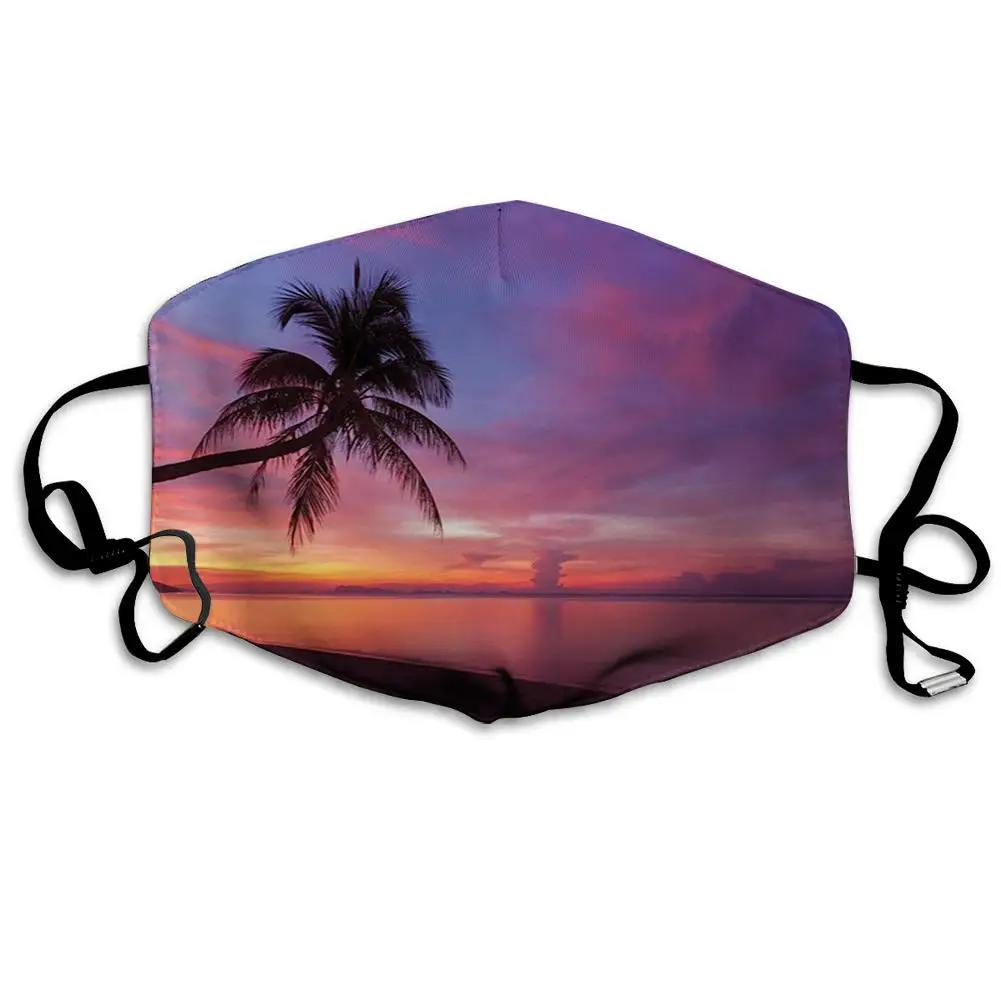 

Activated Carbon Comfortable mask,Ocean,Tropical Sunset Palm Tree Silhouette Sandy Beach Clouds at Horizon,PrintedCoral Violet