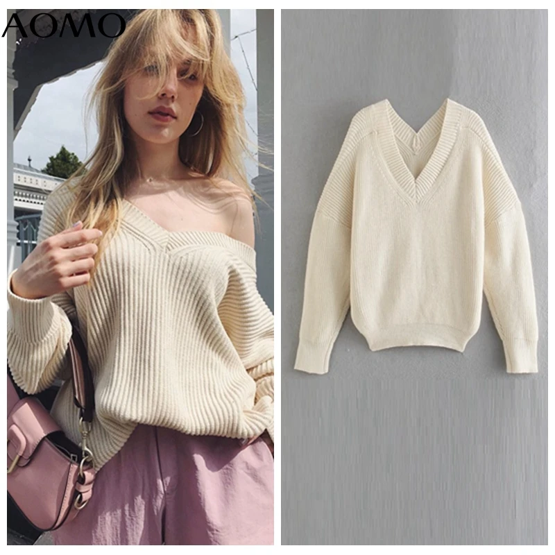 

Женский пуловер с V-образным вырезом, в стиле оверсайз