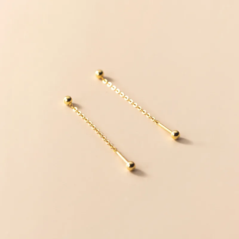 

925 Sterling Silver Simple Beanie Stud Charm Earrings Female Summer Small Golden Light Bead Chain Fashion Jewelry