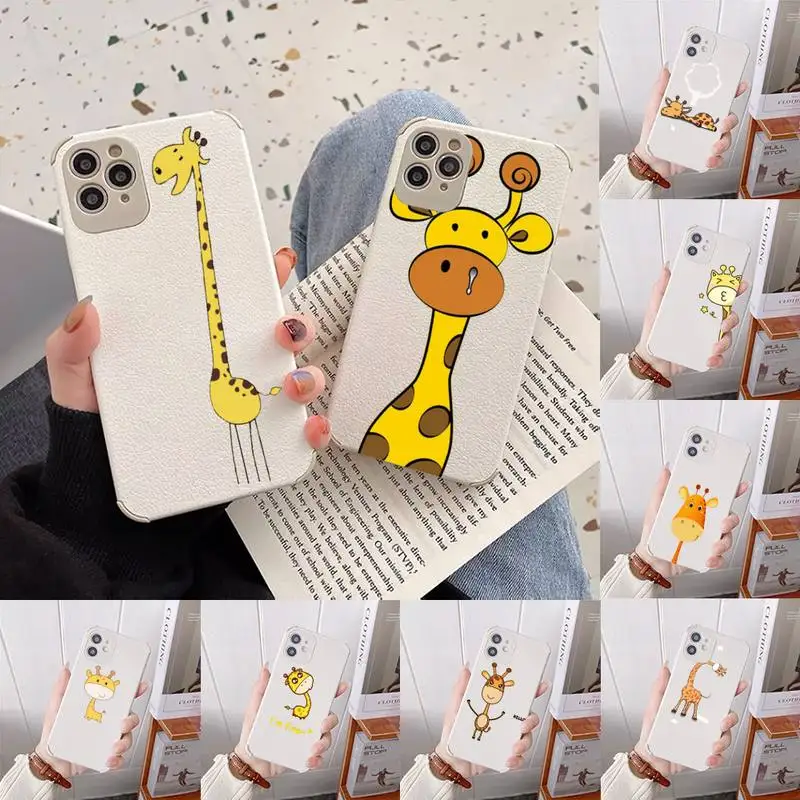 

Cute Cartoon Giraffe lovely Phone Case Lambskin Leather For iphone 12 11 8 7 6 XR X XS PLUS MINI PLUS PRO MAX Shockproof