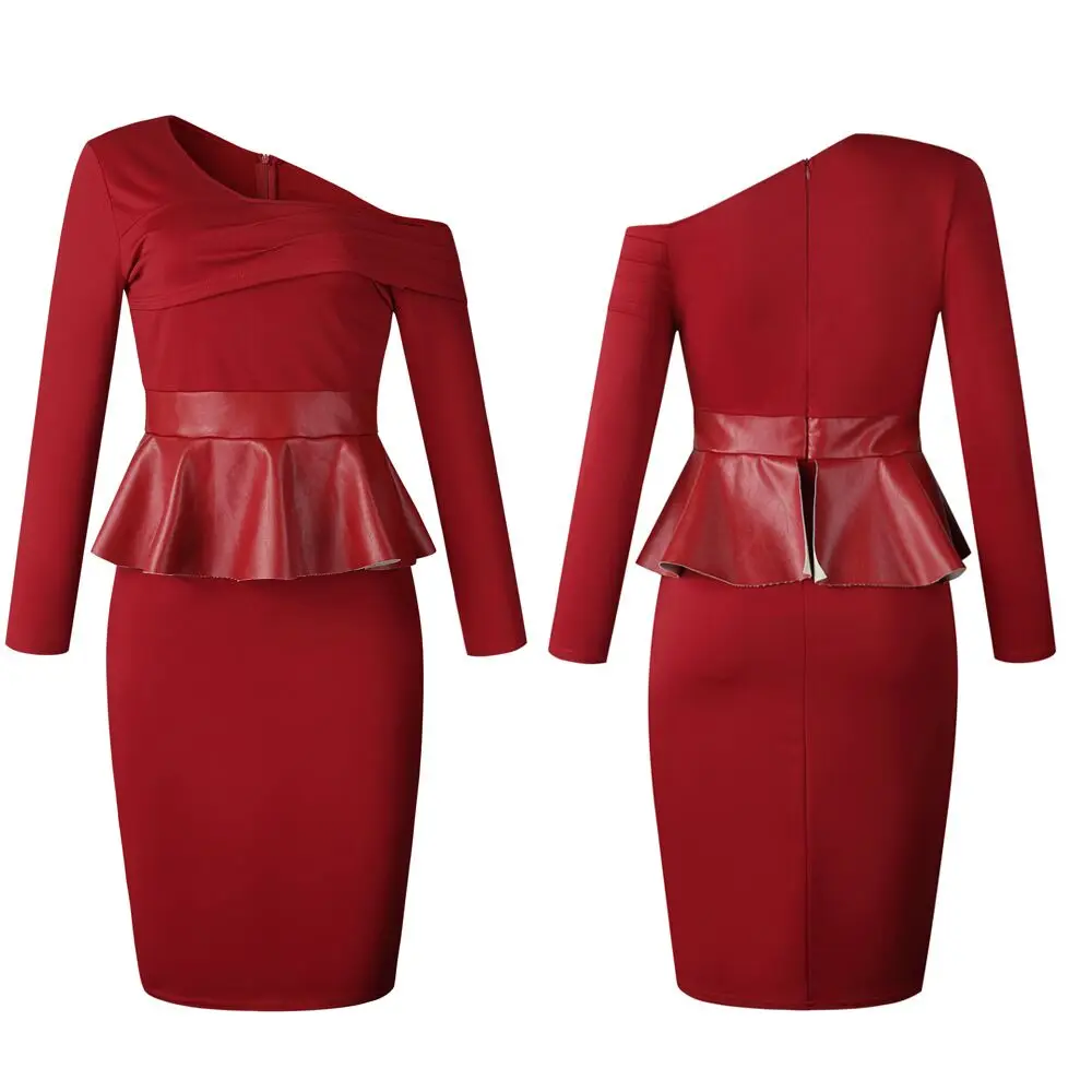 Платье-миди женское с длинным рукавом одним открытым плечом и баской | Женская