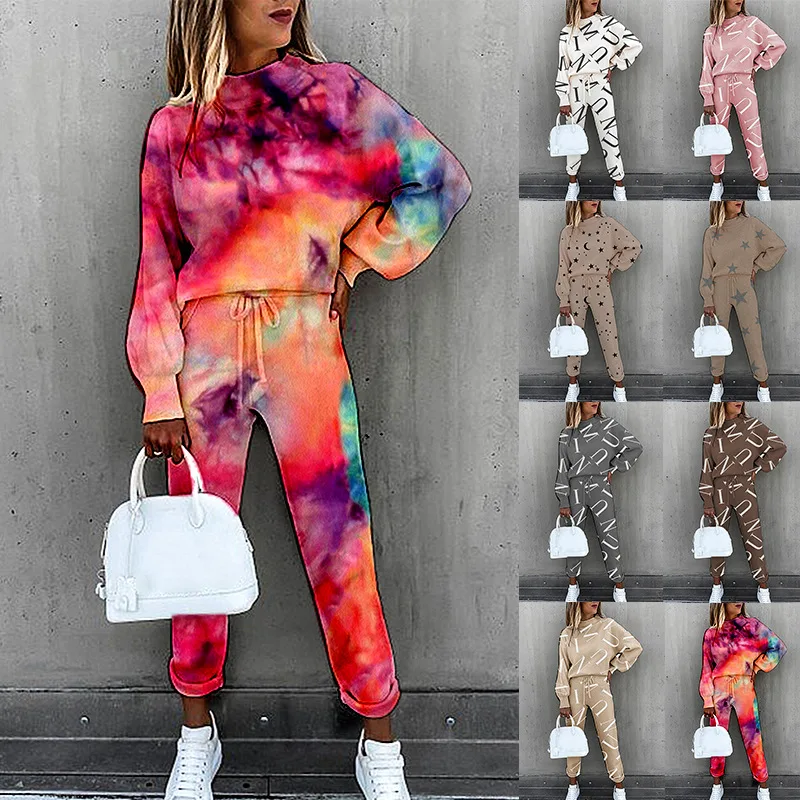 

WANYUCL 2021 spring new style European and American women's tie-dye printing high-neck long-sleeved fashion casual suit women