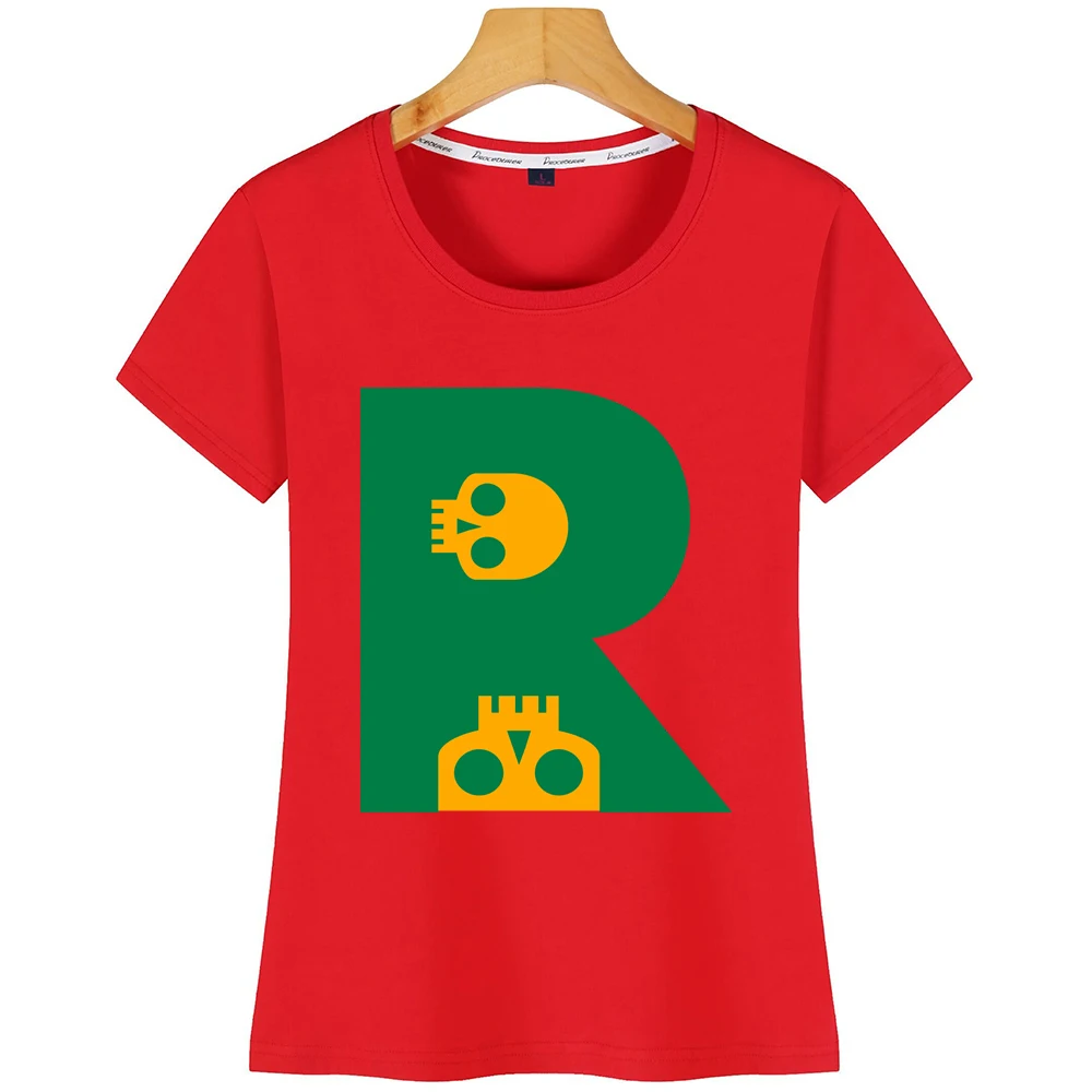 Топы Футболка женская потрясающая Череп алфавит Начальная Буква R Kawaii надпись