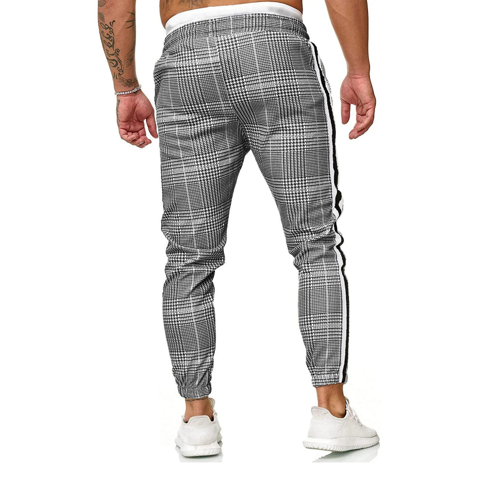

Men's Long Casual Sport Pants Slim Fit Plaid Trousers Running Joggers Sweatpants Fashion Stripped Mid Waist Pants Pantalon Homme