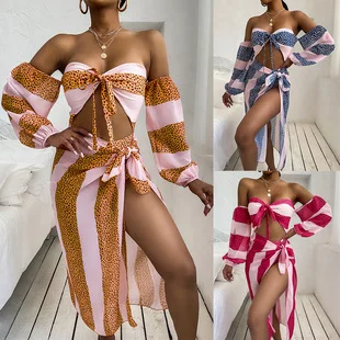 

Three Piece Swimsuit 2021 Summer Gradient Scale Mermaid Print Halter Banded Bikini bathing suit women