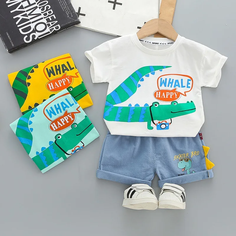 

Boy Clothing Sets Boys Cotton Shirt Suits Summer Short Sleeve Crocodile T-shirt+ Shorts 2Pcs Children Clothing