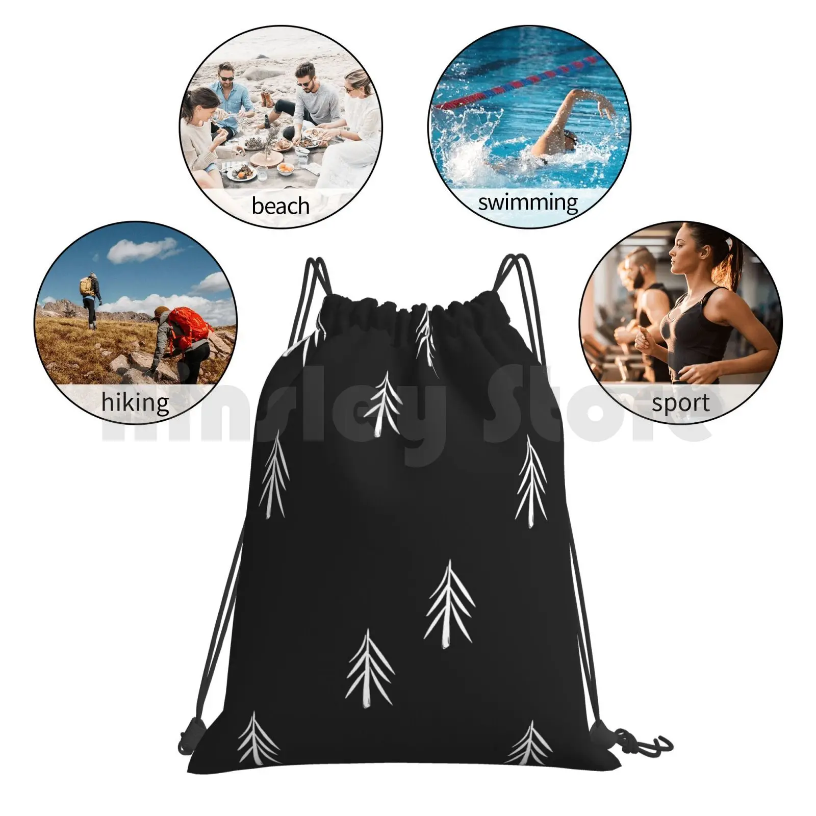 

Nordic Fir Trees Backpack Drawstring Bag Riding Climbing Gym Bag Trees Forest Black White Fir Fir Trees Fir Tree Pattern