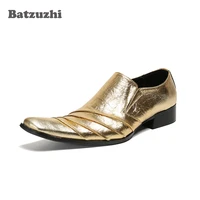 batzuzhi golden leather dress shoes men vintage metal pointed toe mens dress shoes fashion party and wedding shoes eu38 46