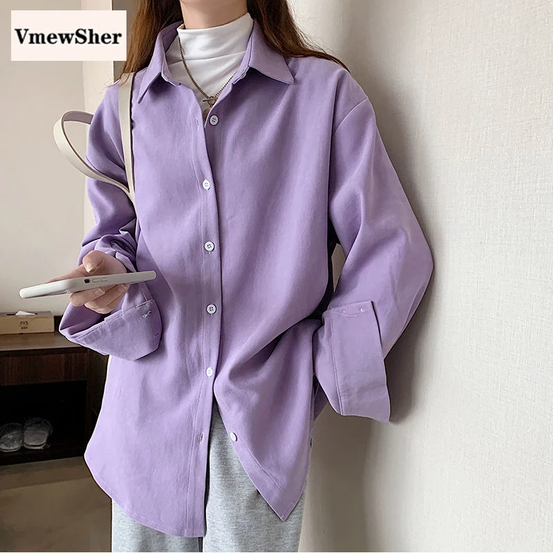 VmewSher New Autumn Spring Women Shirts Plain Loose Oversized Blouses Female Tops Office Lady Elegant Button Long Sleeve White
