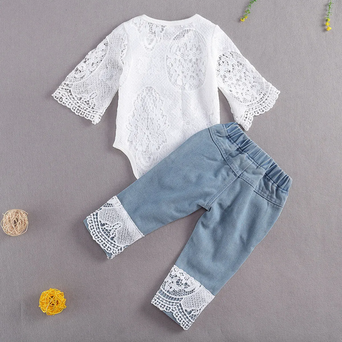 Baby Girls' 0-24M Long Sleeve Lace Romper Suit Triangle Crotch Round Neck top Jeans Denim Set | Детская одежда и обувь