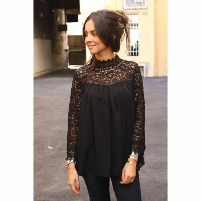 Женская Летняя туника с длинным рукавом кружевная блузка цветочным принтом