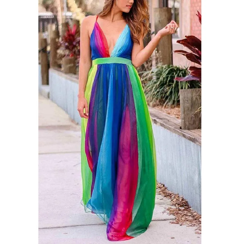 

Spring and Summer Hot sale New Style Sling Sexy V-Neck Rainbow Printed Mesh Sling Halter Beach Dress