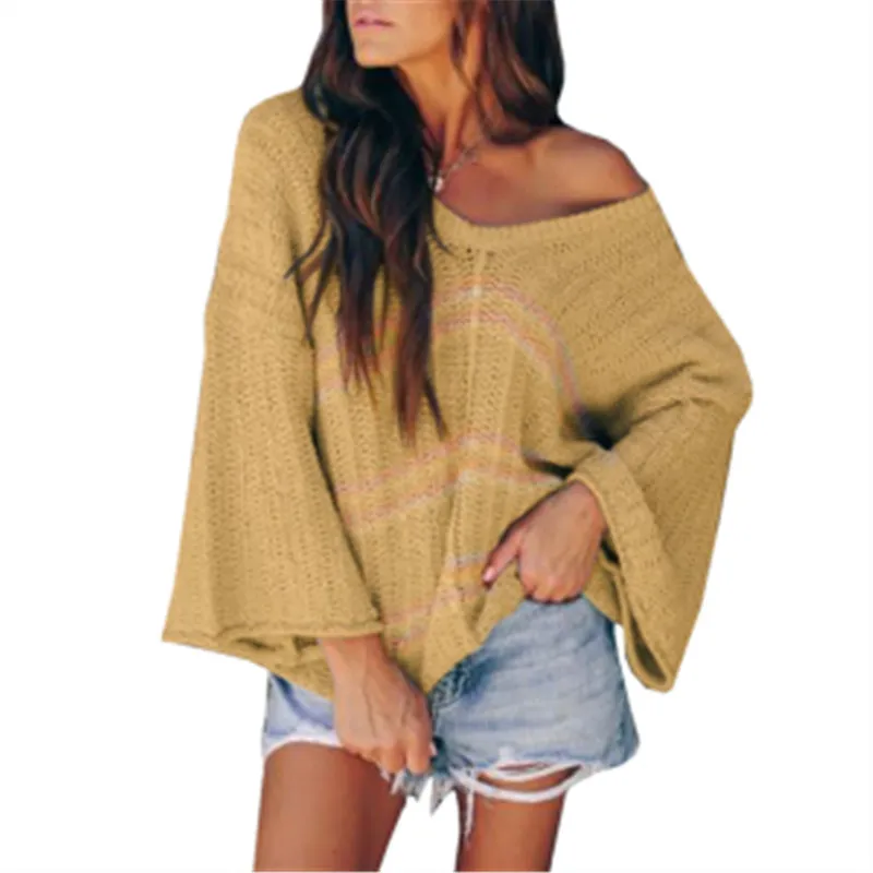 

Женский трикотажный свитер в полоску, желтый пуловер оверсайз с расклешенными рукавами и V-образным вырезом, Осень-зима 2020