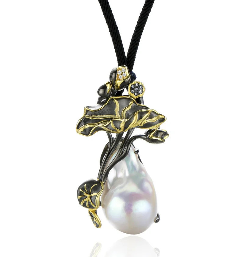 

Leouerry 925 Sterling Silver Big Pearl Pendant Vintage Silver Lotus Winding Natural Baroque Pearl Pendant for Women Jewelry