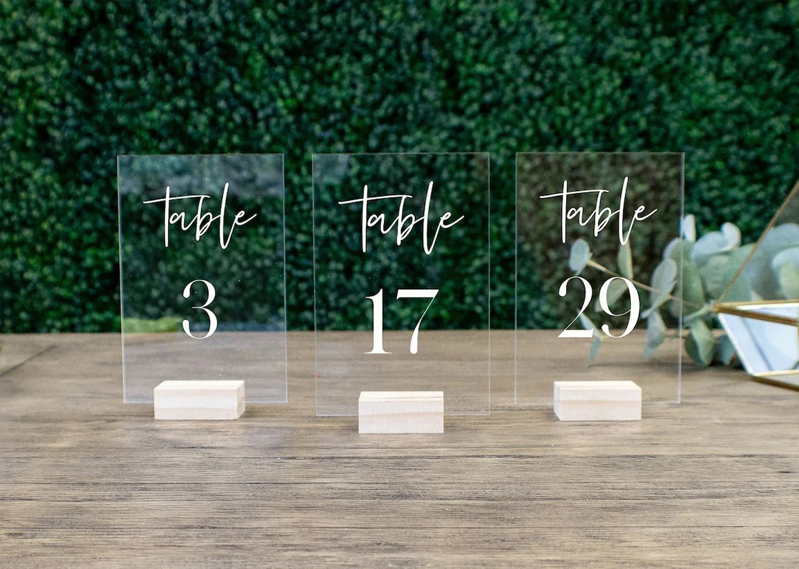 

Rustic Wood Table Numbers,Wedding Table Numbers with Holders,Acrylic Calligraphy Wedding Signage,Clear Wood Table Number Stand