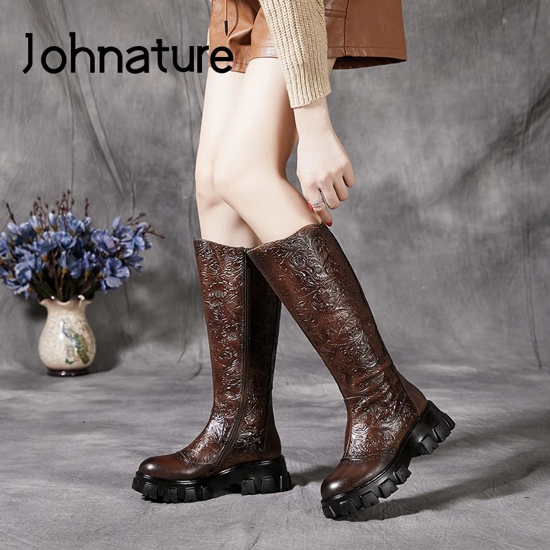 

Johnature Retro Women Shoes Platform Boots Genuine Leather Print Plush New Winter Zip Round Toe Flat With Flower Ladies Boots