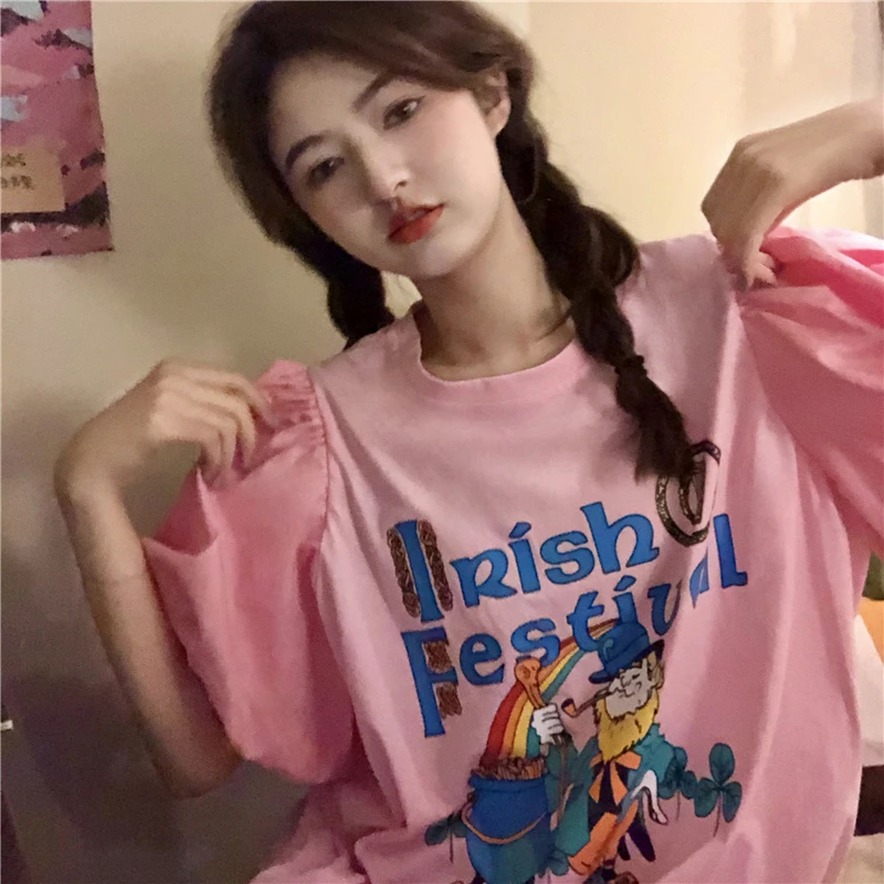 

Puff Sleeve Summer T-Shirts Women Korean Loose Elegant Casual Shirts O-Neck Vintage Harajuku Cartoon Print Cotton Tops M306