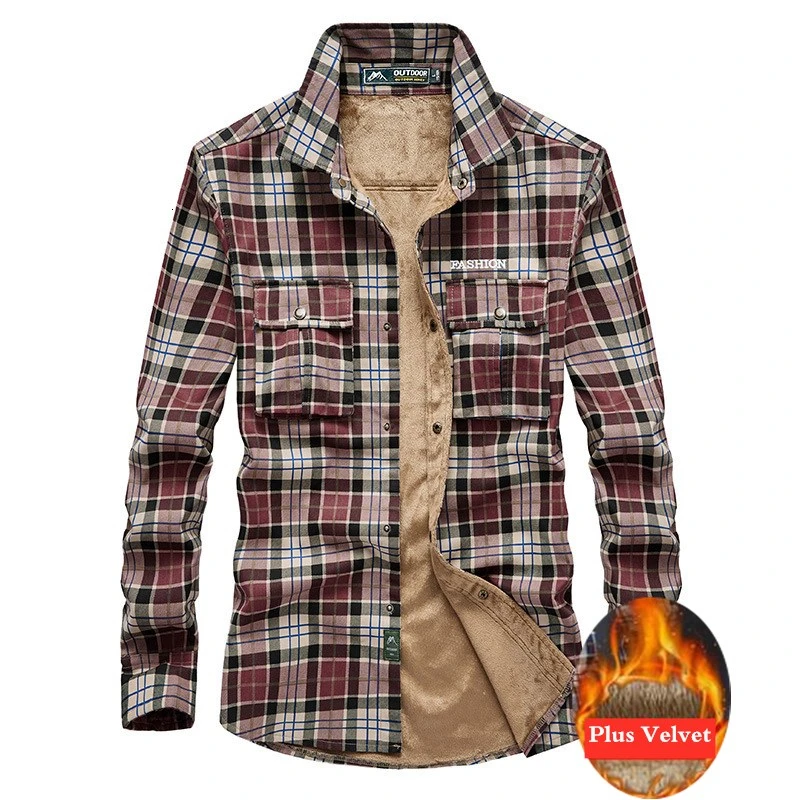 Мужская клетчатая рубашка с бархатом теплая флисовая толстая ветрозащитная для