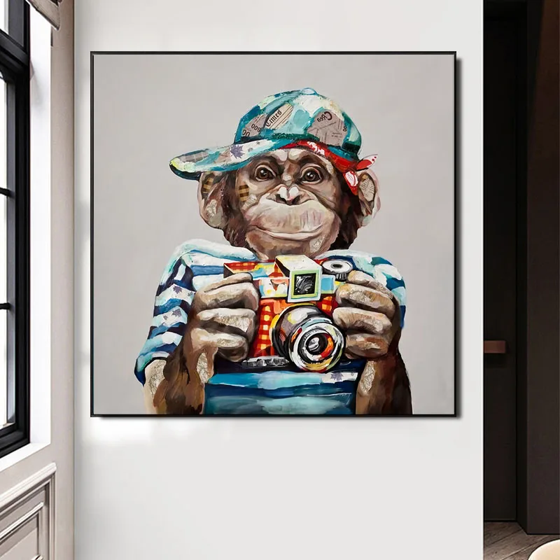 

Animal Monkey With Camera Canvas Painting Abstract Orangutan Poster and Prints Wall Art Pictures for Living Room Home Decor