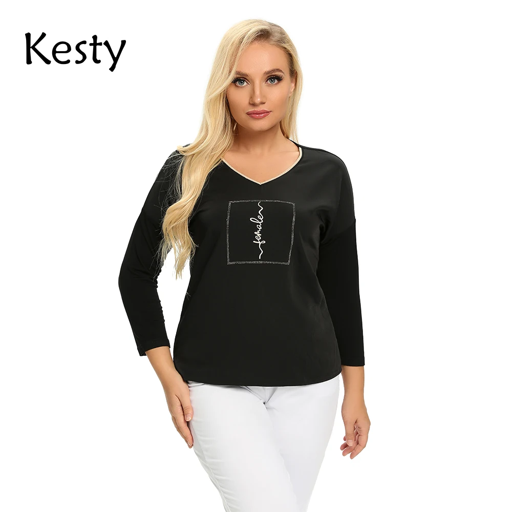

Женская Однотонная футболка KESTY, весенний хлопковый топ на пуговицах с рукавом 3/4 и блестками, свободный эластичный Топ с V-образным вырезом