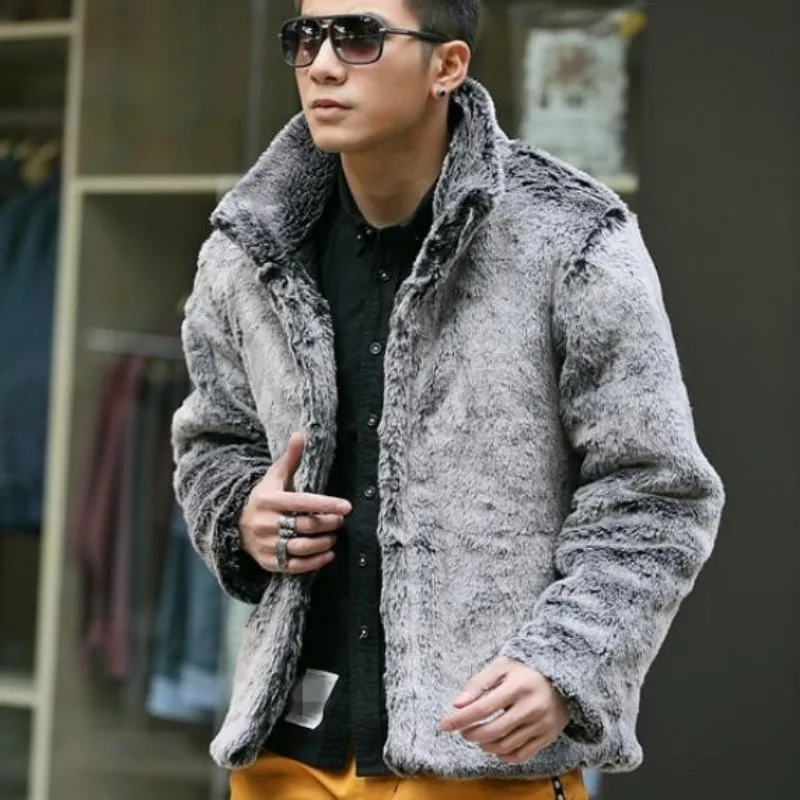 

Men new winter black fashion Luxury faux fur coat Fox fur Turn-down Collar full fur coats men fur jacket jaqueta Size 3XL