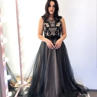 black v neck evening dresses appliques lace sleeveless blackless tulle elegant a line long party prom gowns 2021 floor length