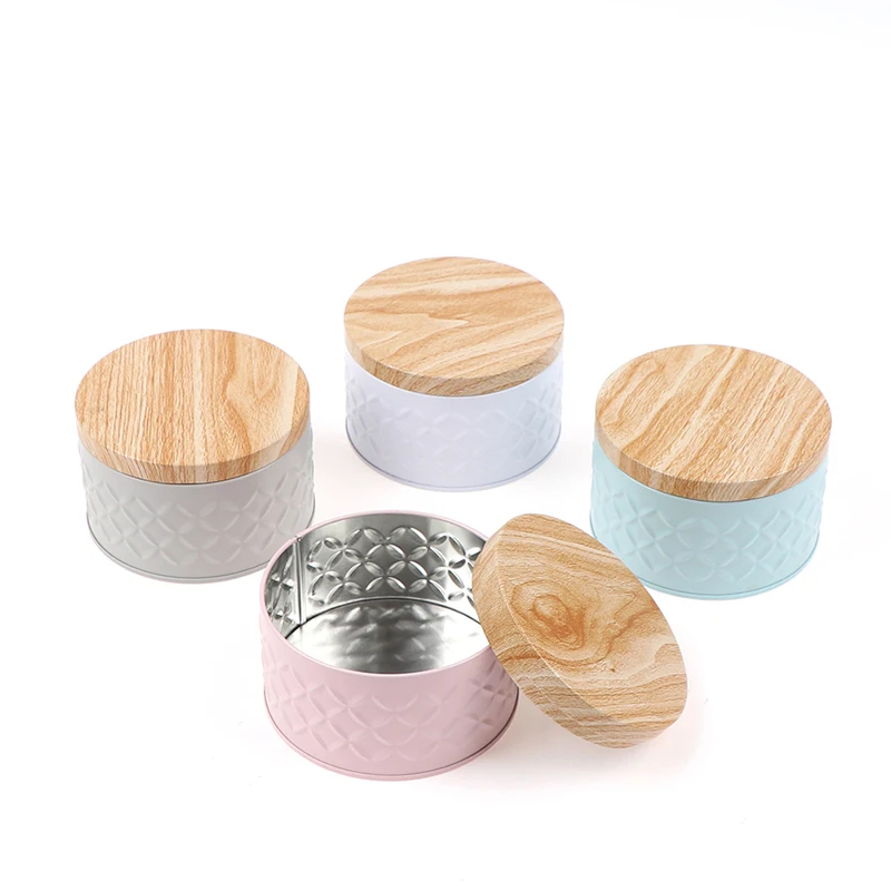 

HOT SALE Round Empty Iron Box With Wood Grain Lid Candy Storage Box Diy Candle Making Jar