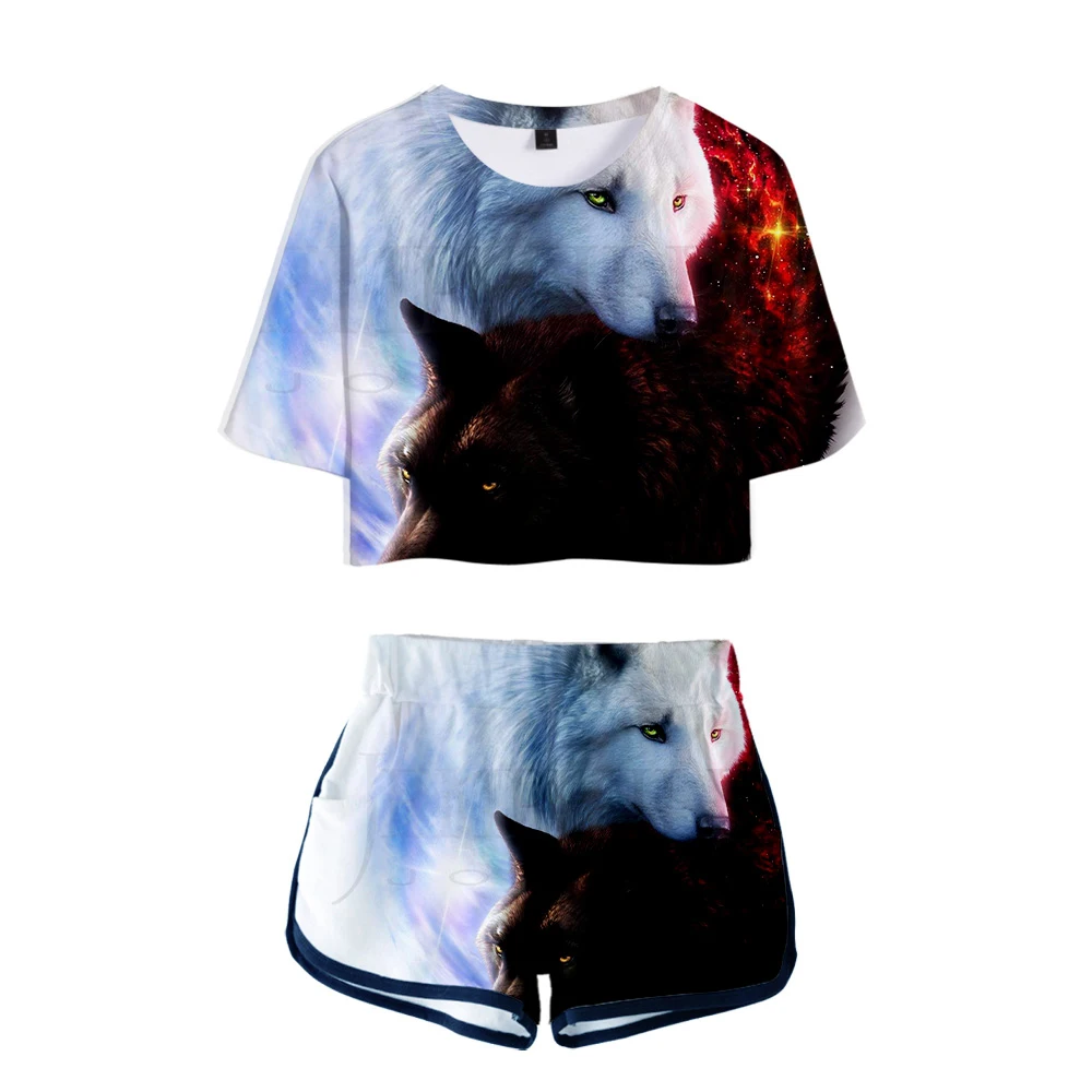 

Moon Wolf 3D Printed Women Two Piece Set Fashion Summer Short Sleeve Crop Top+Shorts 2020 Hot Sale Streetwear Clothes