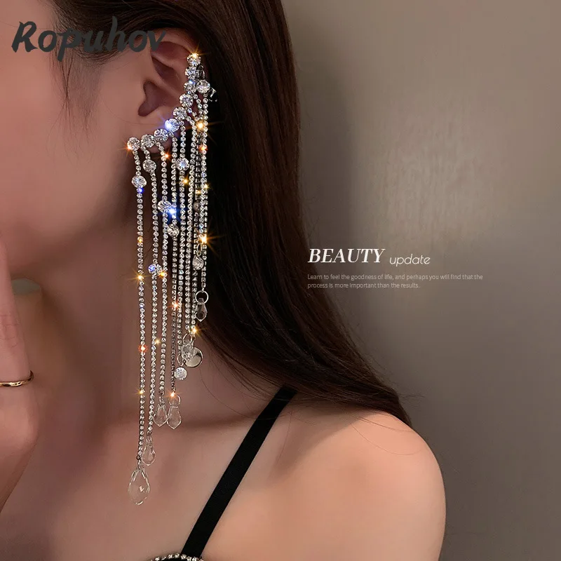 

Ropuhov 2021 New S925 Silvery Needle Woman Korean Asymmetric Earrings With Diamond Crystal Tassels Exaggerate Long Tide Earrings