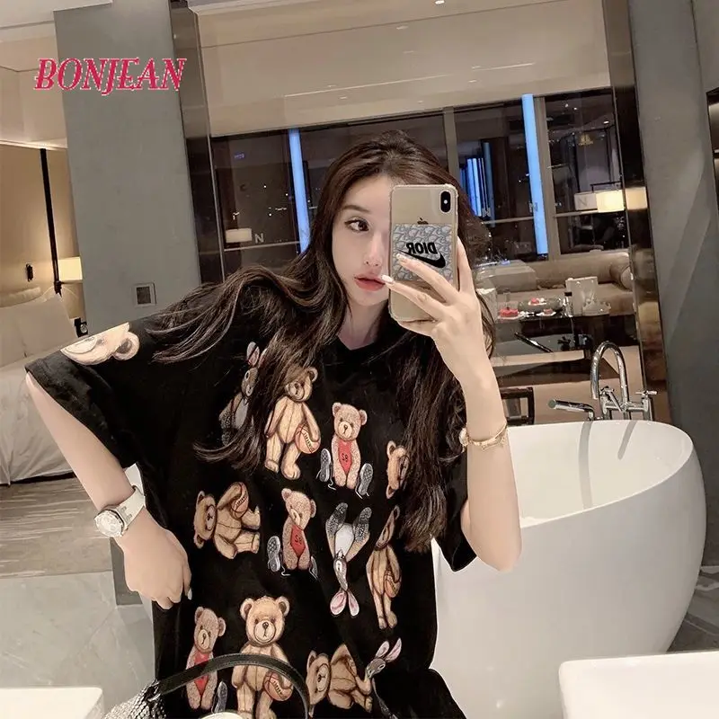 

Women T-Shirt Bear Print Casual Punk Harajuku Fun Tops Cartoon Casual Summer Oversize Dropshipping Vintage Clothes Streetwear