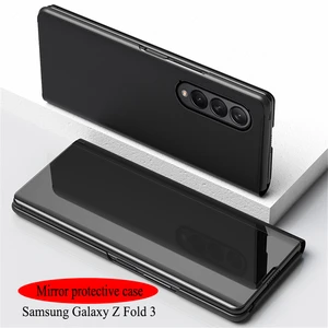 luxury mirror 360° flip leather foll cover for samsung galaxy z fold 3 2 5g case kickstand shockproof phone case coque fundas free global shippin