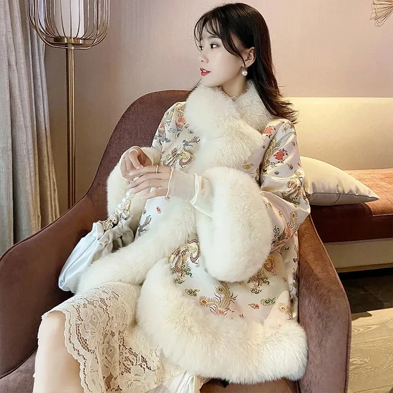 

Faux Fur Mid-length Women Coat Flare Sleeve Chinese Style Court Ladies Satin Embroidery Flowers Female Coats Jackets Overcoat