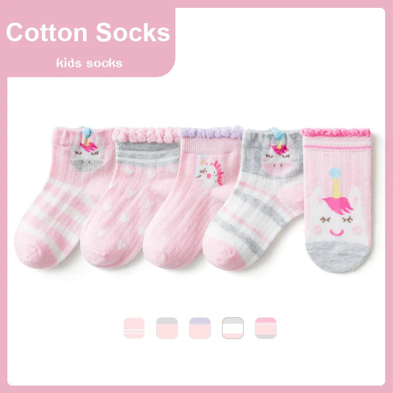 

5 Pairs/Lot Summer Kids Socks Cute Cartoon Baby Boys Girls Unicorn Toddler Infant Socks Soft Cotton Children Socks 1 To 12 Yrs