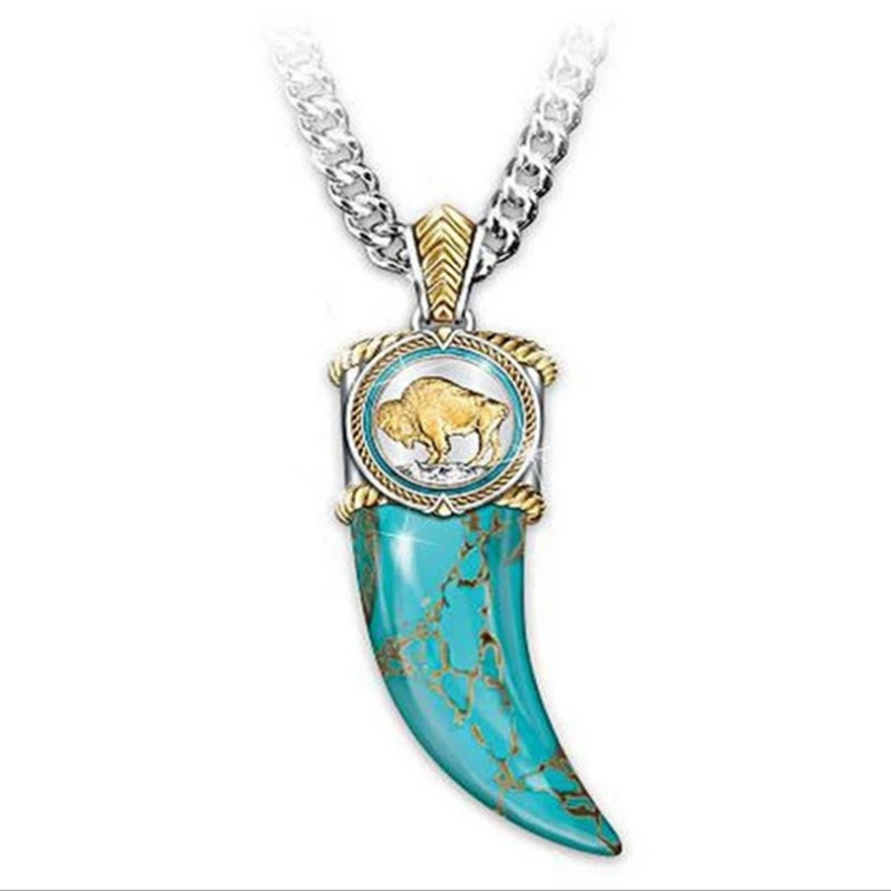 

Vintage Pendant Necklace Punk Men Cool Natural Turquoise Ox Horn Wolf Tooth Necklaces for Women Hip Hop Jewelry
