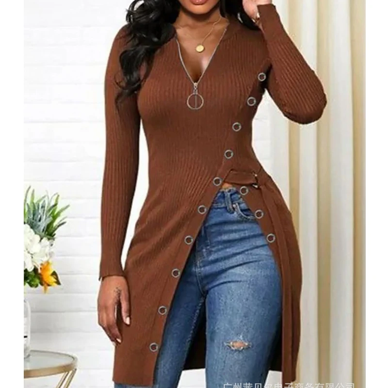 

Mandylandy V-neck Long Sleeve Tshirt Tops Women High Slit Solid Color Loose T-shirts Autumn Casual Long Section Slim Fits Dress
