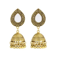 vintage indian jewelry gold silver color beads tassel jhumka earrings for women gypsy ethnic alloy big bell shaped drop earrings