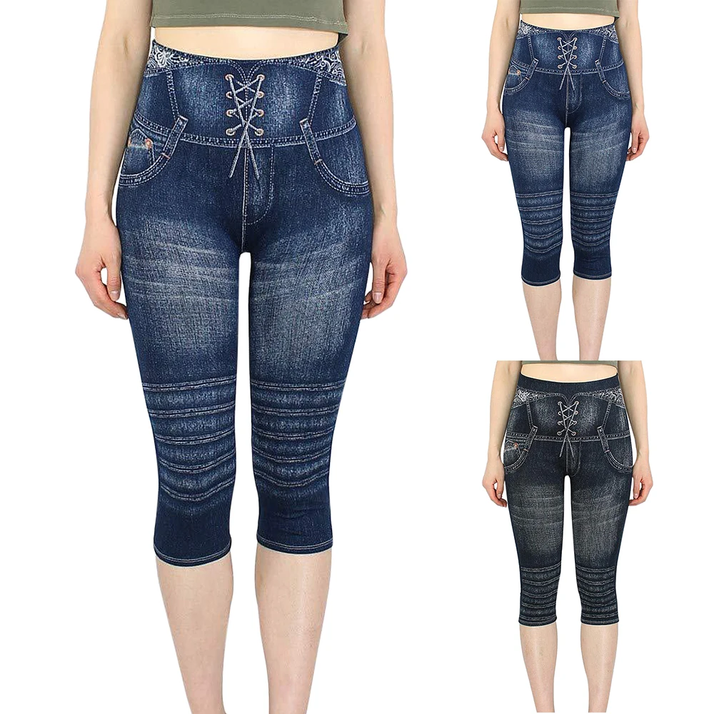 

Women Leggings Imitation Jeans Printed High-waist Elastic Calf-Length - Sport Pant Ladies Workout Fitness Legging Sweatpants