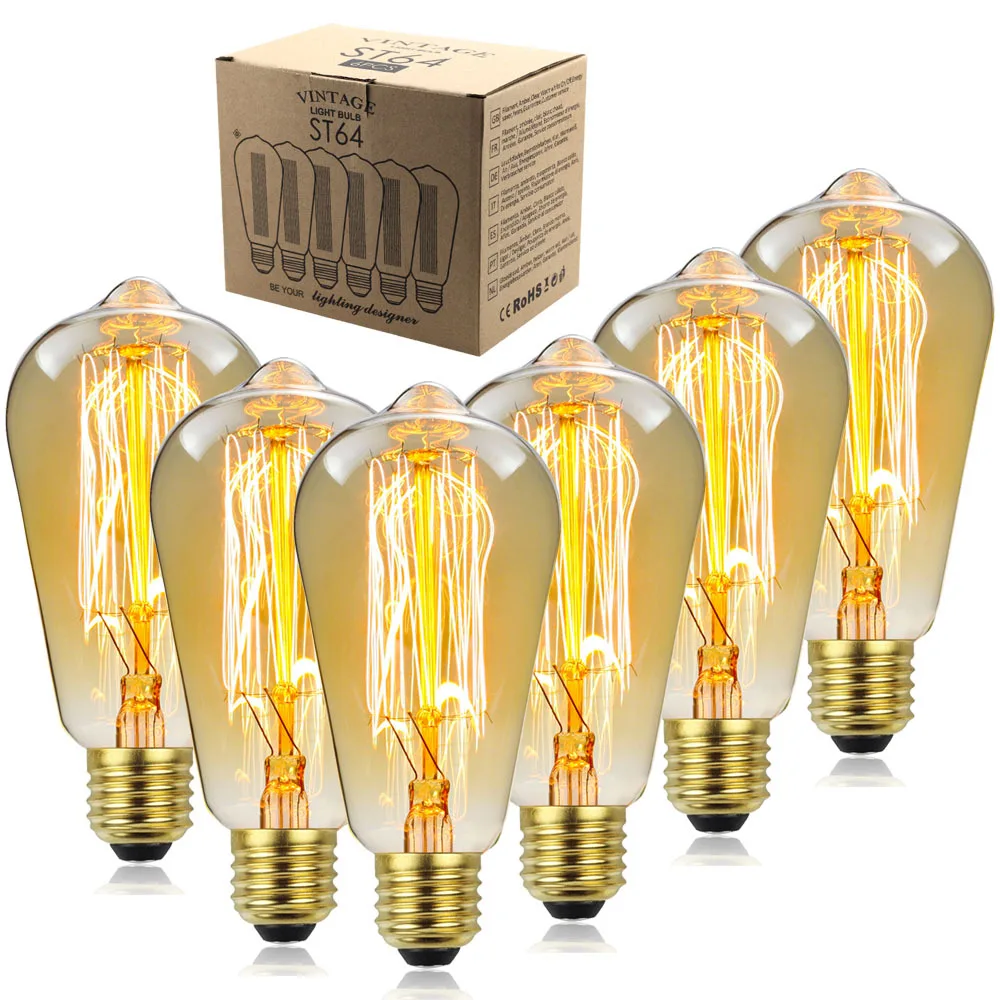 Лампа накаливания Retro Edison E27 E26 110 В 220 В 40 Вт 60 Вт ST64 лампа накаливания с нитью накаливания винтажная лампа Эдисона домашний декор