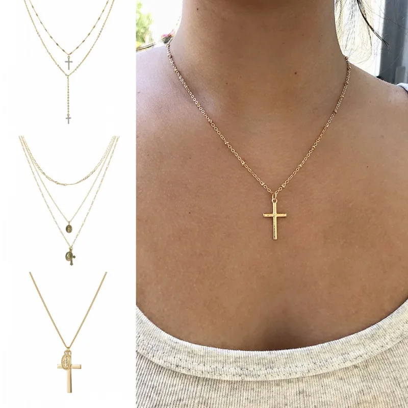 Модное ожерелье FNIO 2019 с крестом золотого и серебряного цвета минималистичное на