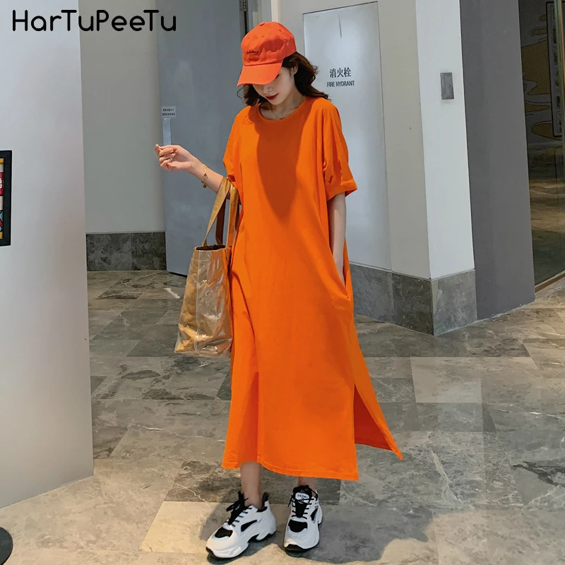 

Loose T Shirt Dress Women Cotton 2021 Summer Oversize Casual Maxi Dress Sexy Side Split Plain Solid Half Sleeve Pockets Long Tee