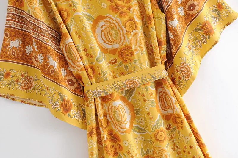 Женское кимоно с цветочным принтом винтажное богемное Макси-платье в стиле бохо