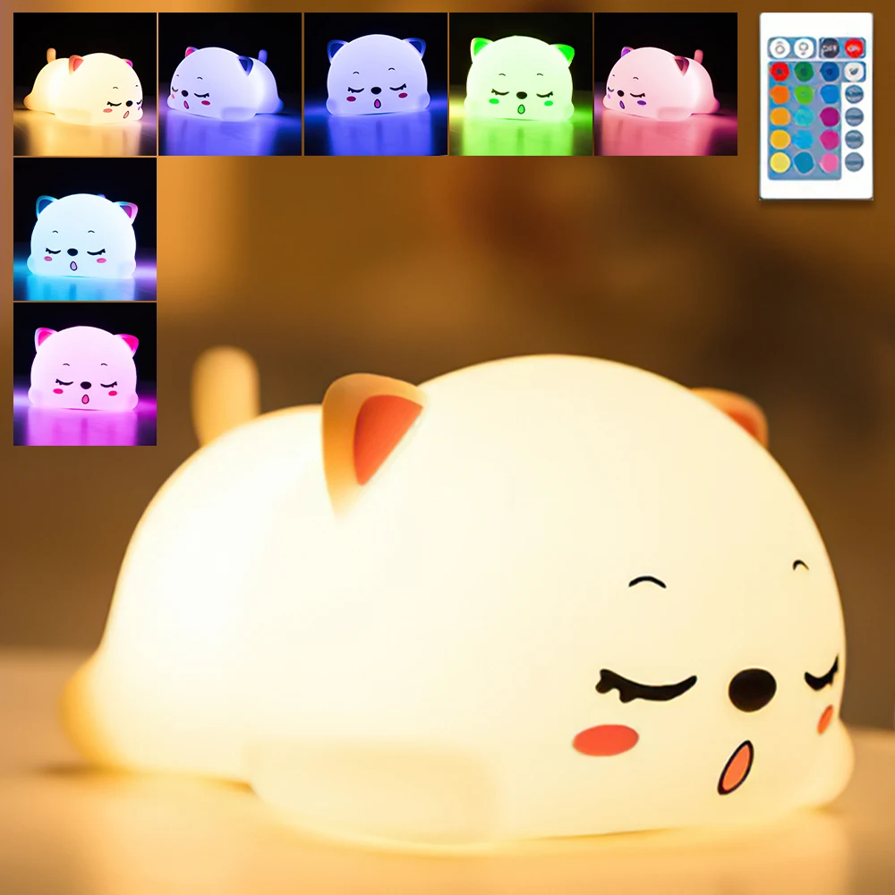 

LED Silicone Cat Night Light Soft Light Remote Control Bedroom Decor Lamp Decor USB Plug for Children Kids Rooms