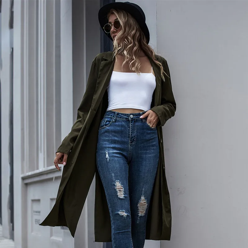 

Casual Autumn Single Breasted Split Trench Women Solid Long Sleeve Turn-down Collar Trench 2020 Vintage Street Mid Trench Coat