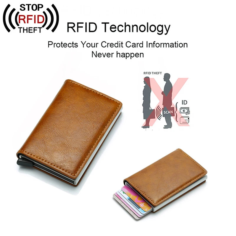 RFID Блокировка Мужской кредитный держатель для карт Противоугонный держатель для карт для мужчин Кошельки из искусственной кожи Автоматический чехол для карт Алюминиевый металлический кошелек
