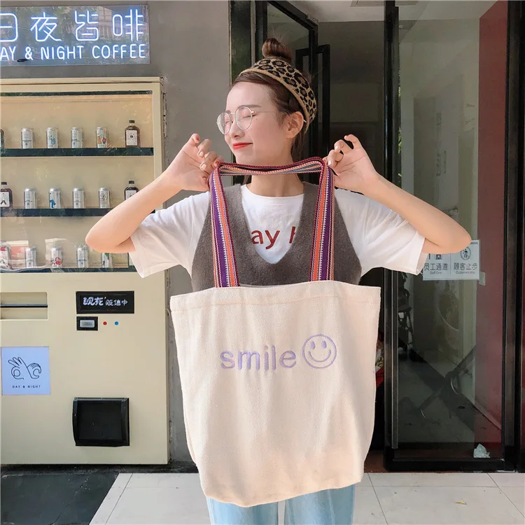 Холщовая Сумка тоут Smile Face для подростков модная цветная Сумочка с верхней ручкой