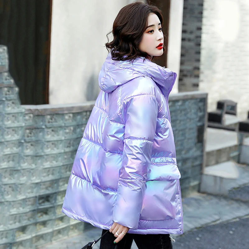Fashion Cute Women Bright Pink Jacket Winter Warm Coats Shiny Parkas Zipper Jackets Waterproof Clothing Hooded Ladies Down Coat