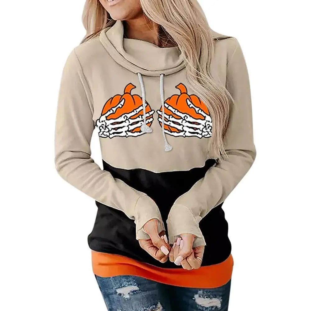 

Autumn Hoodie Pumpkin Hands Claw Pattern Halloween Drawstring Hooded Lady Top for Halloween