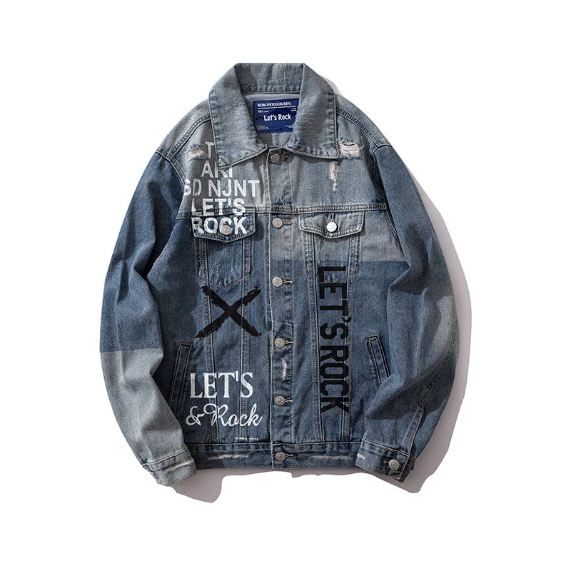 

ABOORUN Irregular Patchwork Denim Jackets Men's Rock Painted Denim Jackets Hip Hop Cotton Coat Streetwear Male