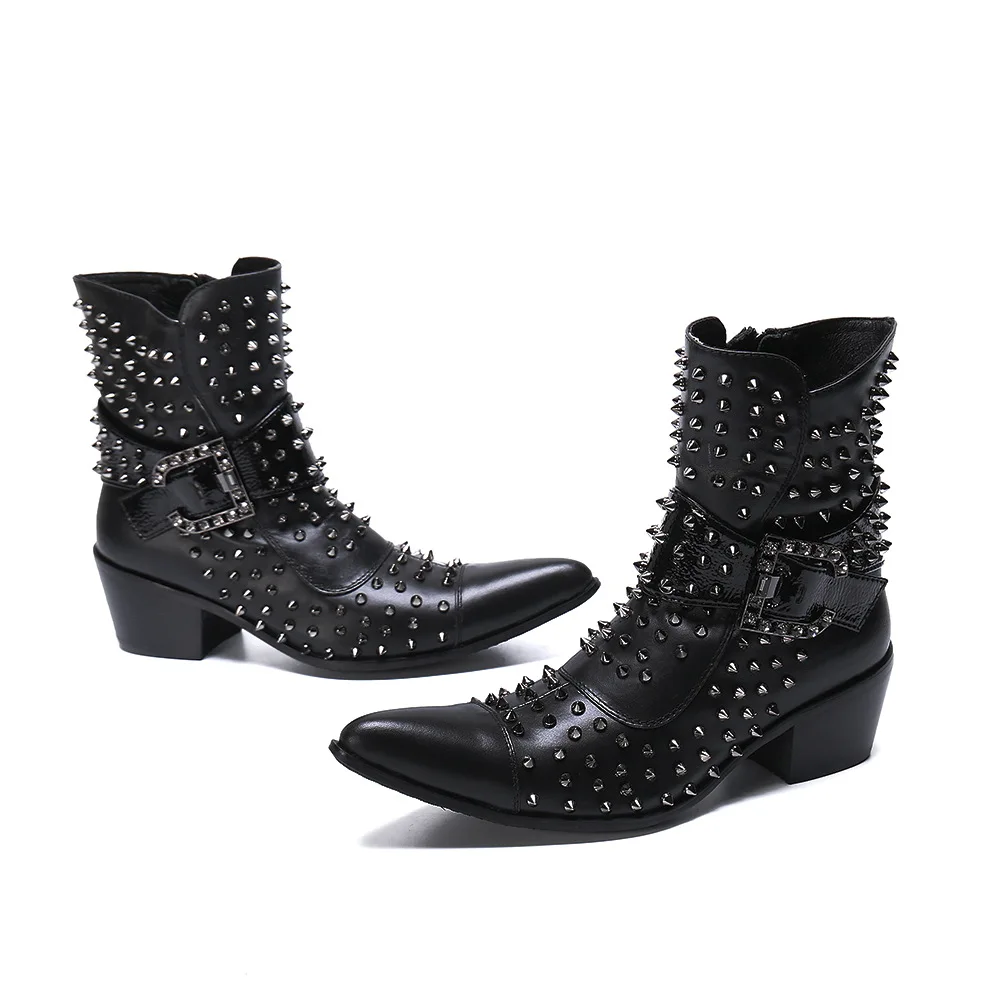 

Mens Punk Leather Studs Diamante Buckle Straps Mid Heel Ankle Boots Shoes B4