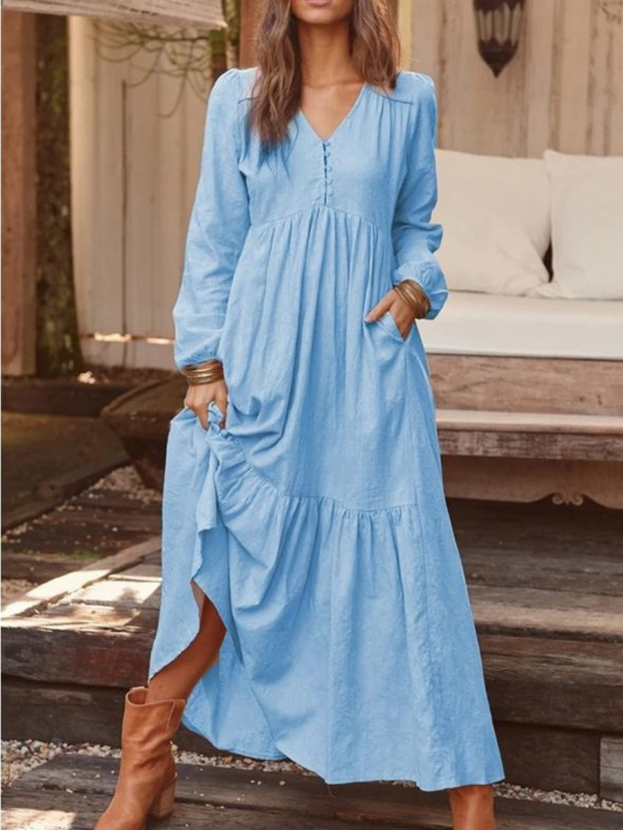

Синее Хлопковое платье с V-образным вырезом и длинным рукавом, повседневное роскошное длинное платье свободного кроя